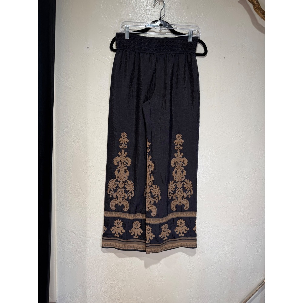 Lapis Womens Navy Blue Tan Damask Print Smocked Wide Leg Boho Pants Size M/L